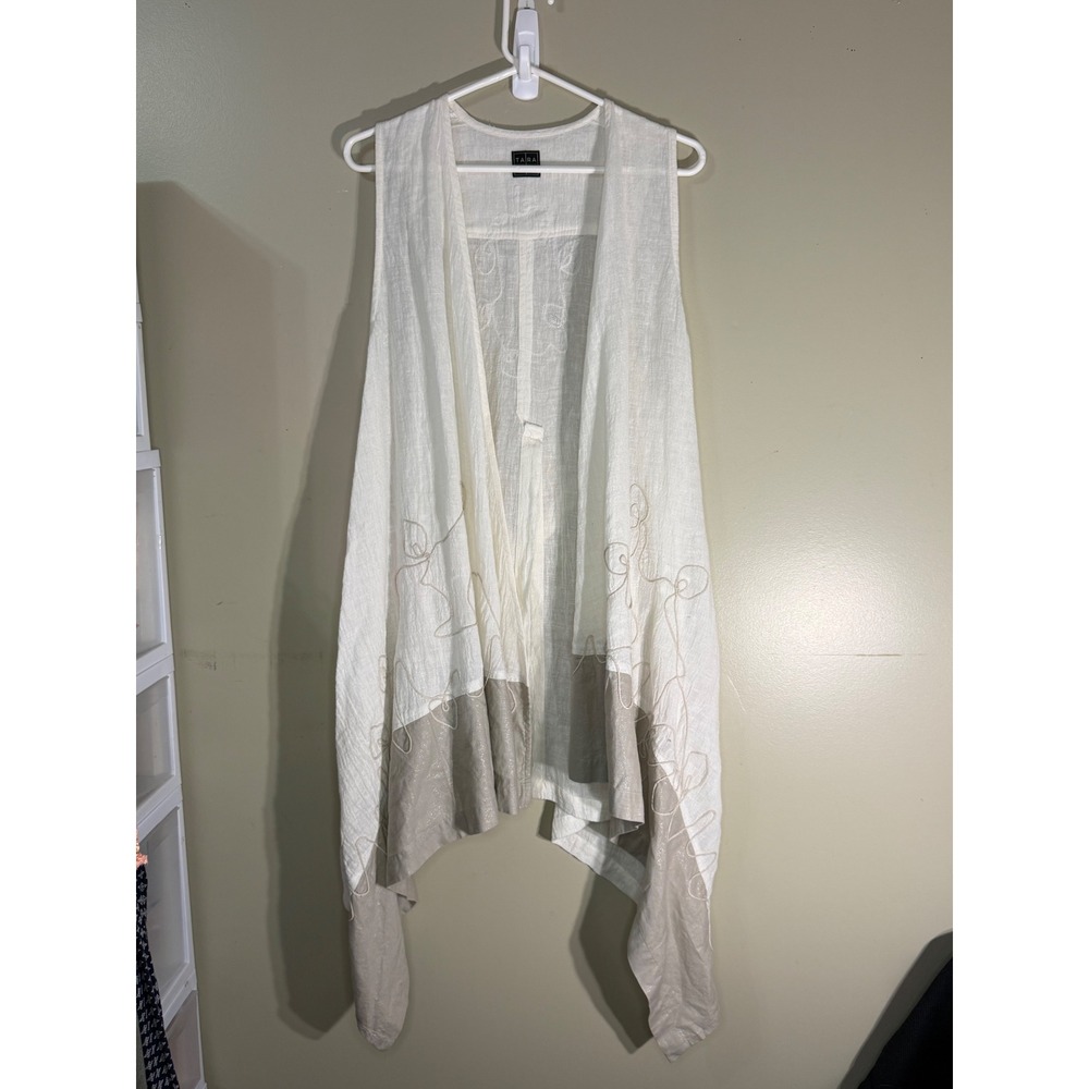 Tara Vao White Linen Blend Embroidered Open Front Handkerchief Hem Vest Size M